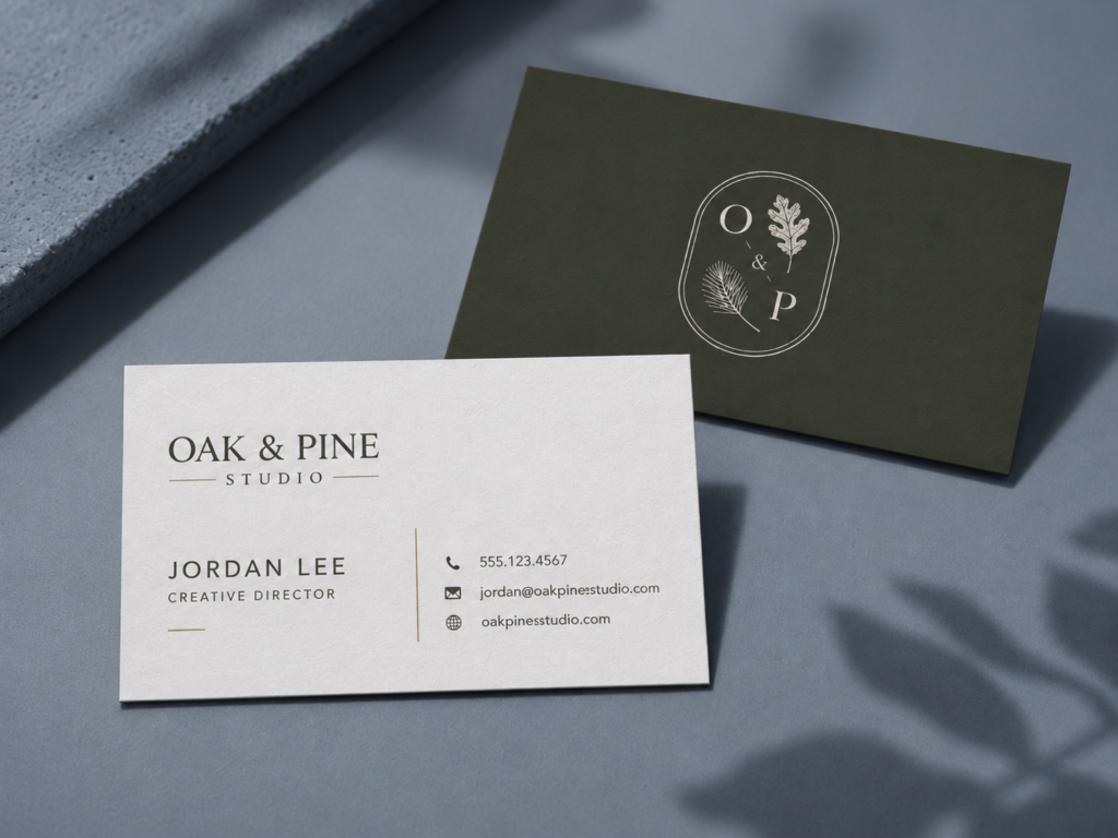 Mockup of custom business cards for Des Moines, Iowa small business owners. A white business card with sample contact details sits in front of a dark green card with a simple logo. The cards are shown on a cool blue-gray surface with soft shadows, matching the clean professional style of the Iowa Business Headshots website. Business cards are offered as an add-on for headshot clients who want printed cards that match their brand and new photo.