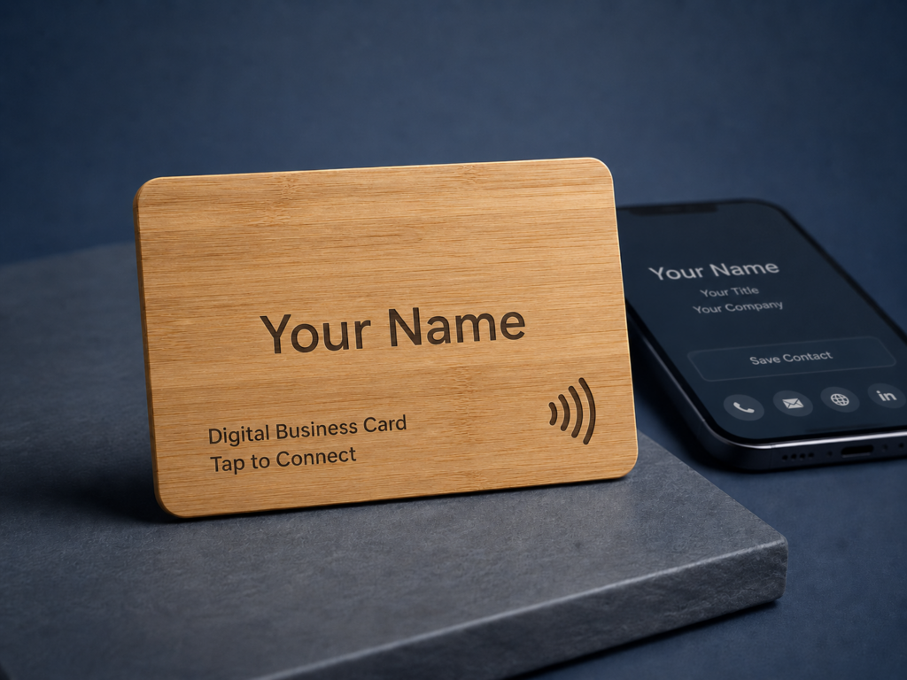NFC digital business card mockup on a dark blue-gray surface. The card says “Your Name” with “Digital Business Card” and “Tap to Connect” below it. An NFC contactless symbol appears on the right side of the card. A smartphone in the background shows a matching digital contact card with a “Save Contact” button.